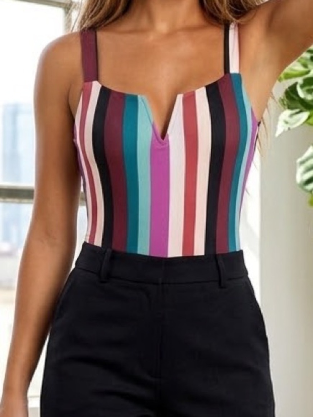 Fashion Nova Multicolor Vertical Stripe V-Notch Bodysuit with Black Pants